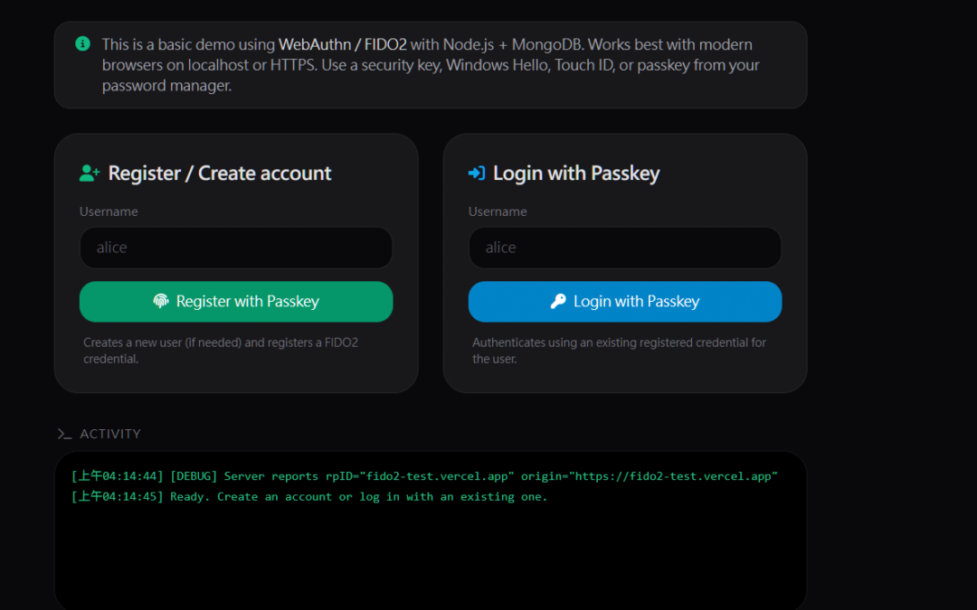 Fast IDentity Online 2 (FIDO2) Login demo